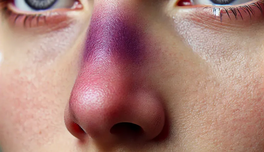 What factors contribute to a purple discoloration of the nose?